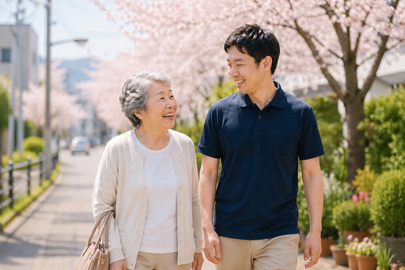 桜並木をお散歩する様子