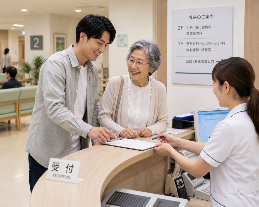 病院の受付でサポートする様子