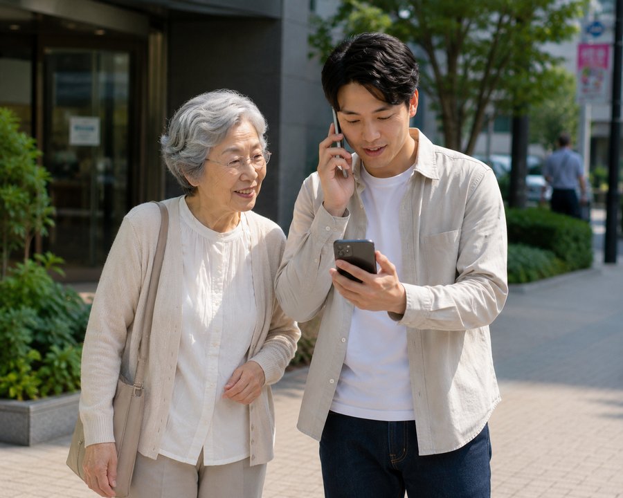 電話で連絡を取りながらお客様と歩く様子